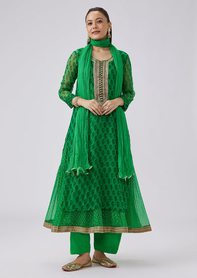 Green Floral Block Print Kurta With Pant