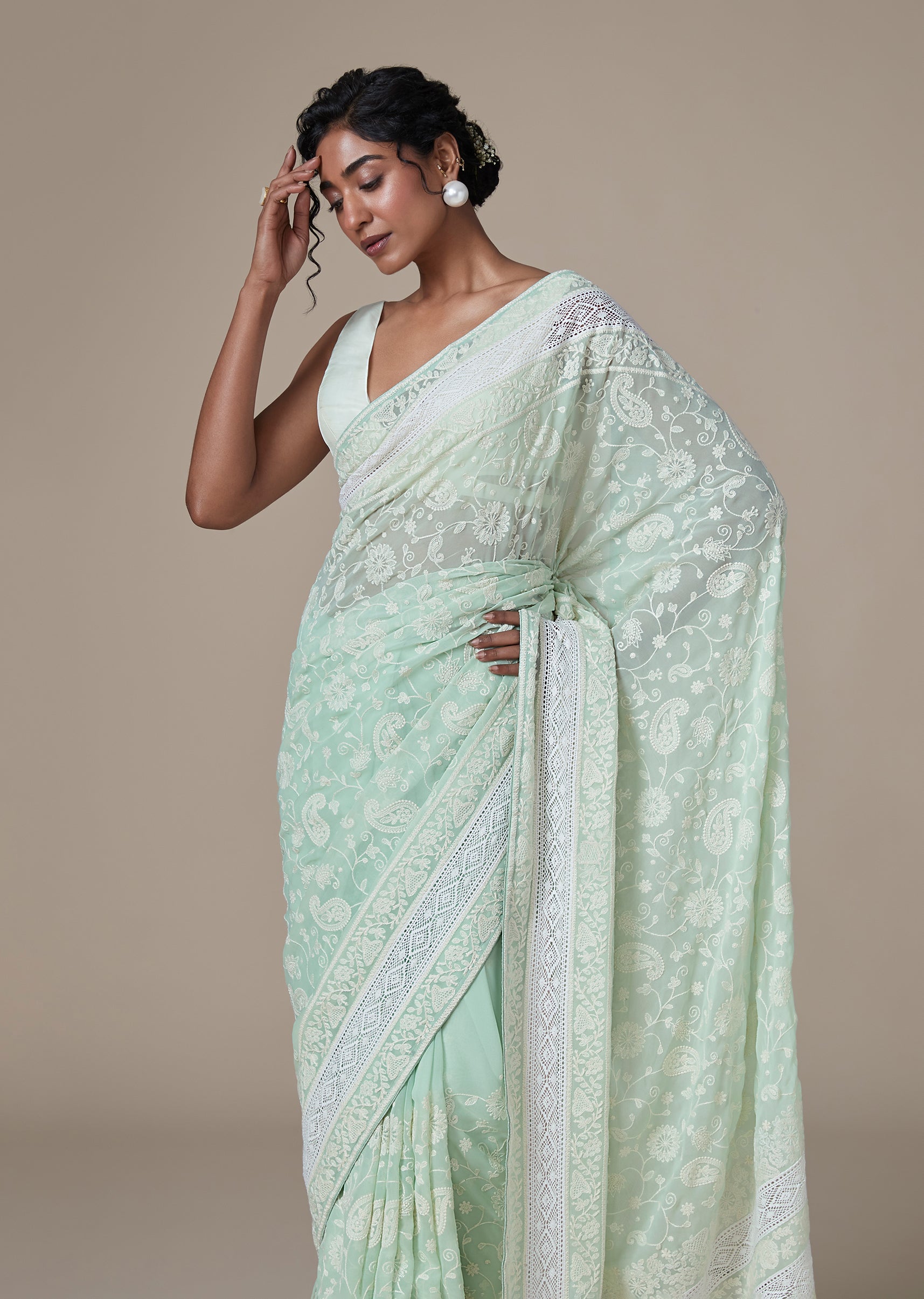 Green Georgette Chikankari Saree With Resham Jaal Embroidery
