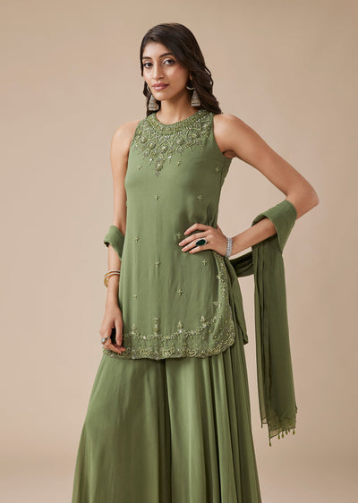 Green Georgette Tonal Embroidered Sharara Suit Set