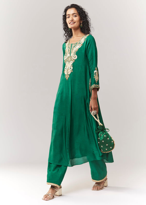 Green Gotta And Sequin Work Anarkali With Pants