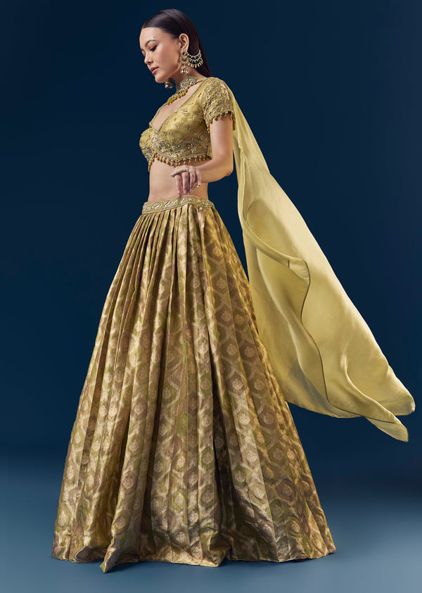 Green Hand Embroidered Banarasi Silk Bridesmaid Lehenga Set