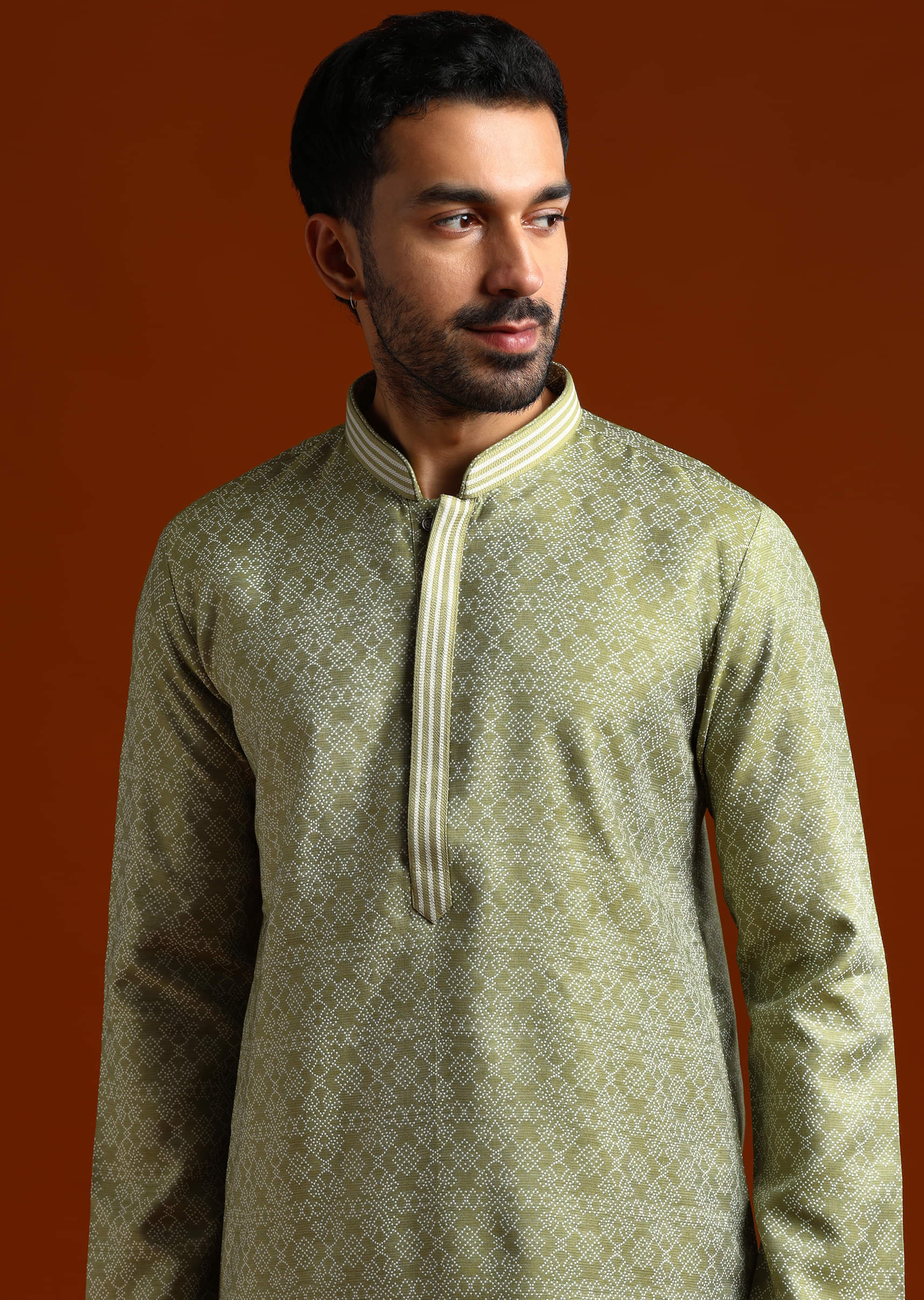 Green Jacquard Kurta Set For Men With Subtle Print