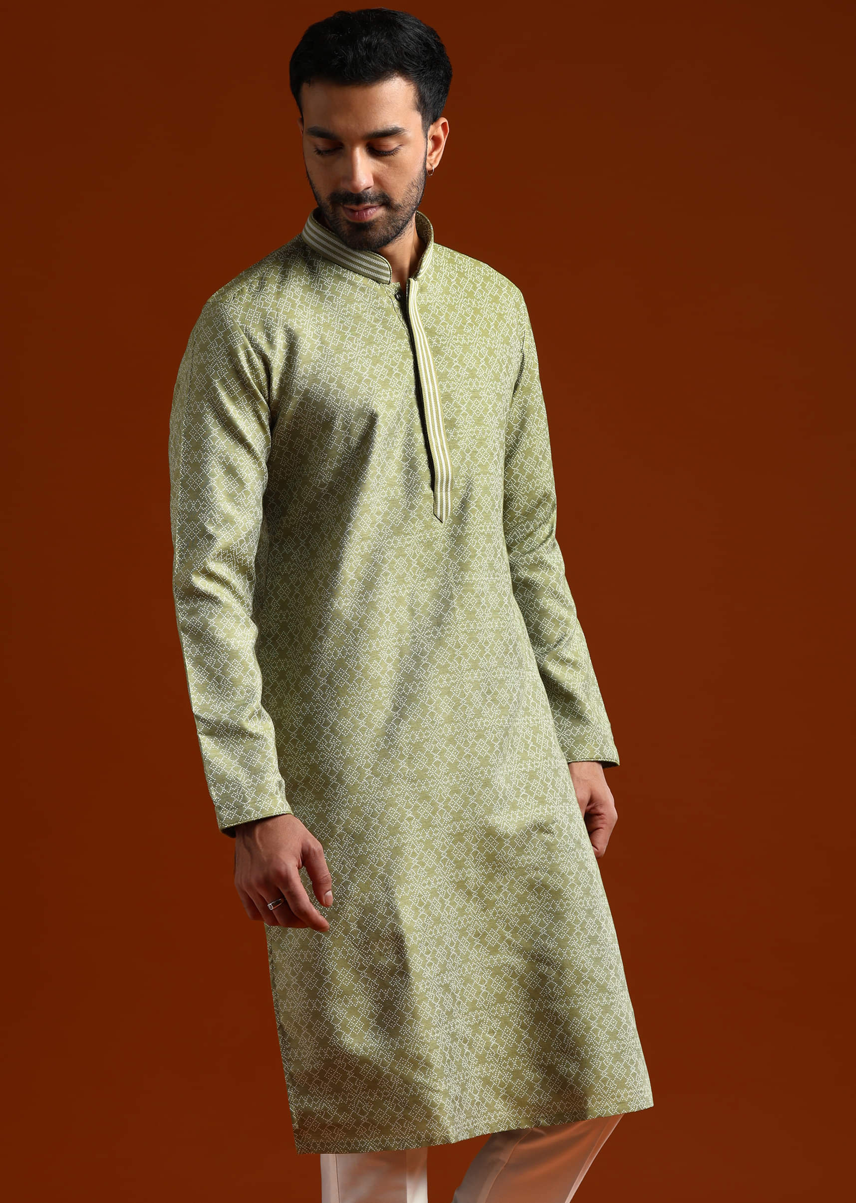 Green Jacquard Kurta Set For Men With Subtle Print