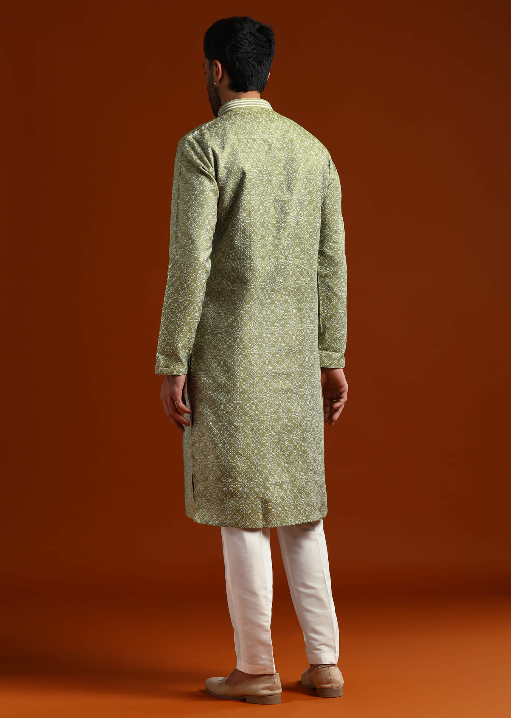 Green Jacquard Kurta Set For Men With Subtle Print