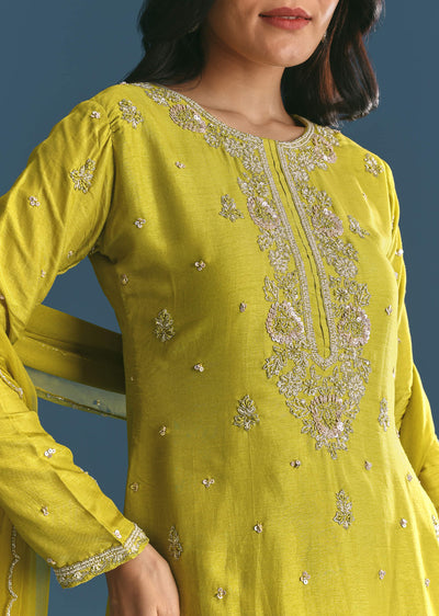 Green Kurta Palazzo Set With Sequins Embroidery