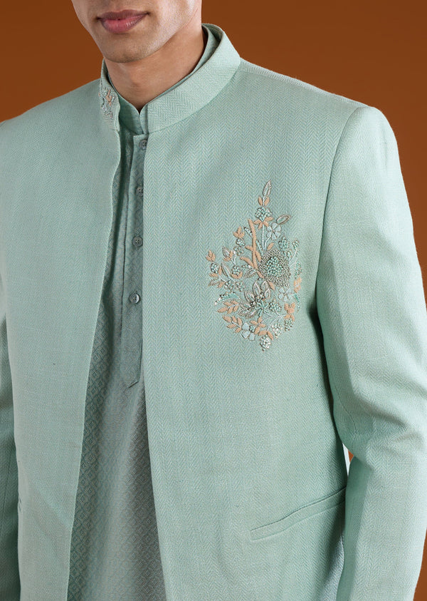 Green Matka Silk Embroidered Jodhpuri Kurta Set