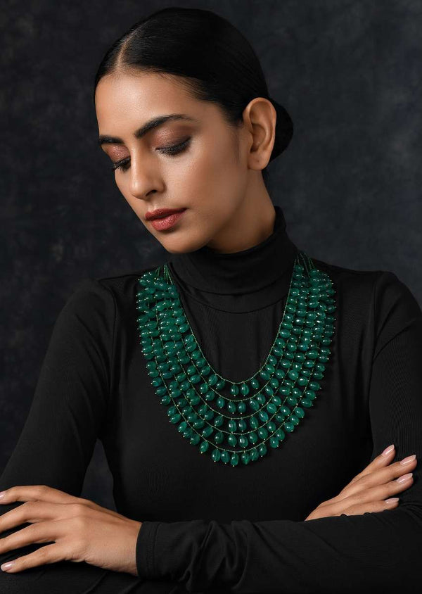 Green Multilayered Necklace Adorned With Jade Stone Beads By Paisley Pop