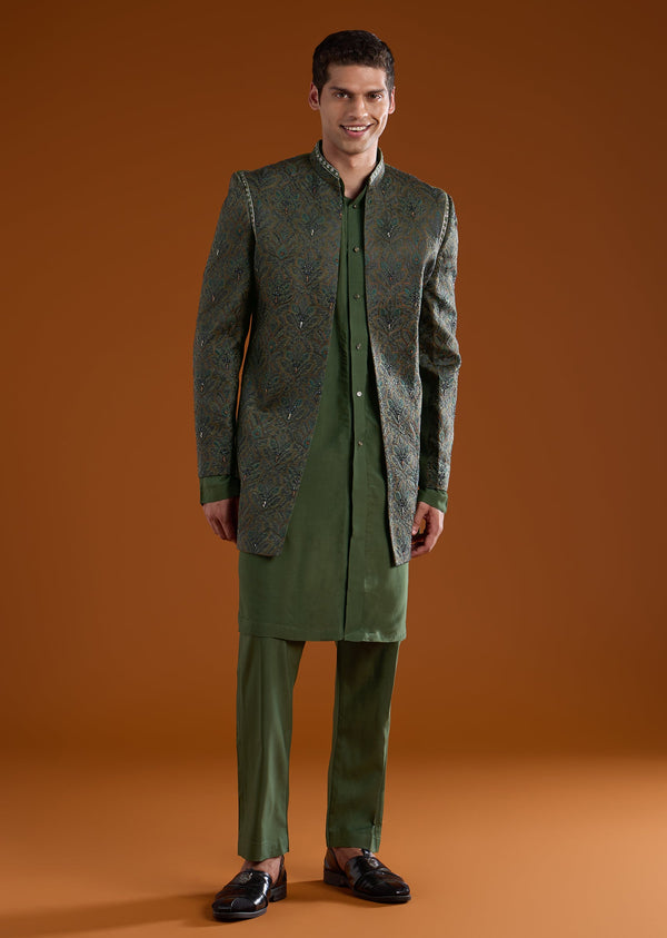 Green Muslin Jacket Kurta Set with Thread Work