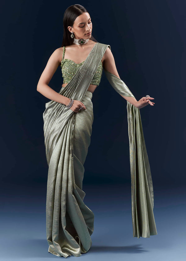 Green Net Ready Pleated Saree With Embroidery