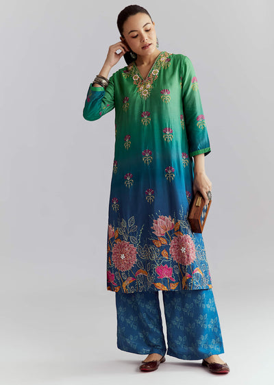Green Ombre Crepe Palazzo Suit With Floral Print