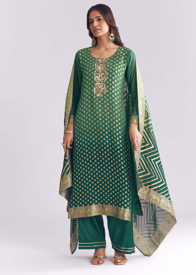 Green Ombre Georgette Kurta Set With Banarasi Weave