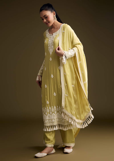 Green Organza Kurta Set With Thread Embroidery