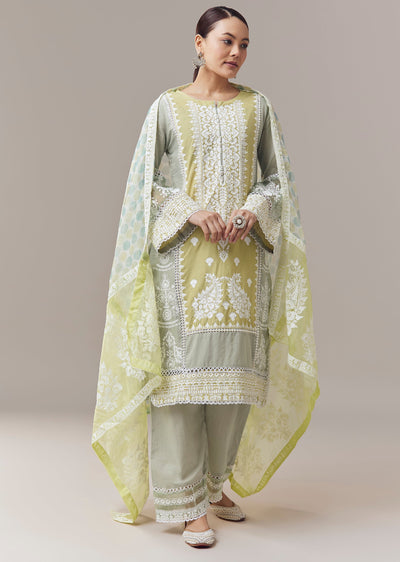 Green Pakistani Style Kurta Set With Pastels Thread Work And Dupatta