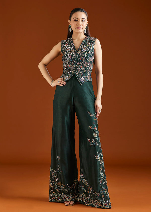 Green Printed Silk Blend Crop Top Palazzo Set
