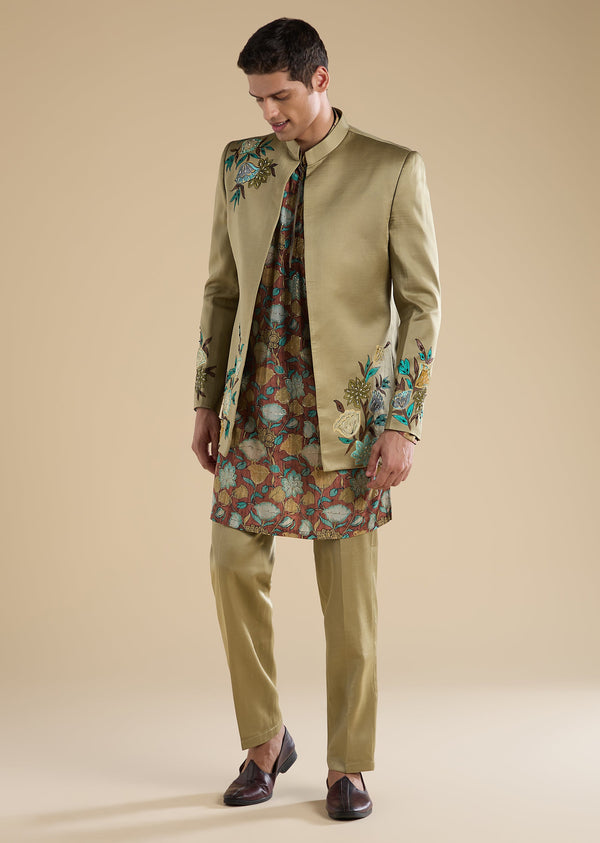 Green Printed Silk Jodhpuri Set