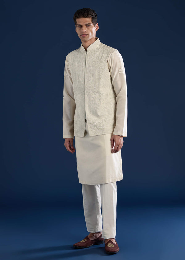 Green Raw Silk Jacket Kurta Set with Dori Work