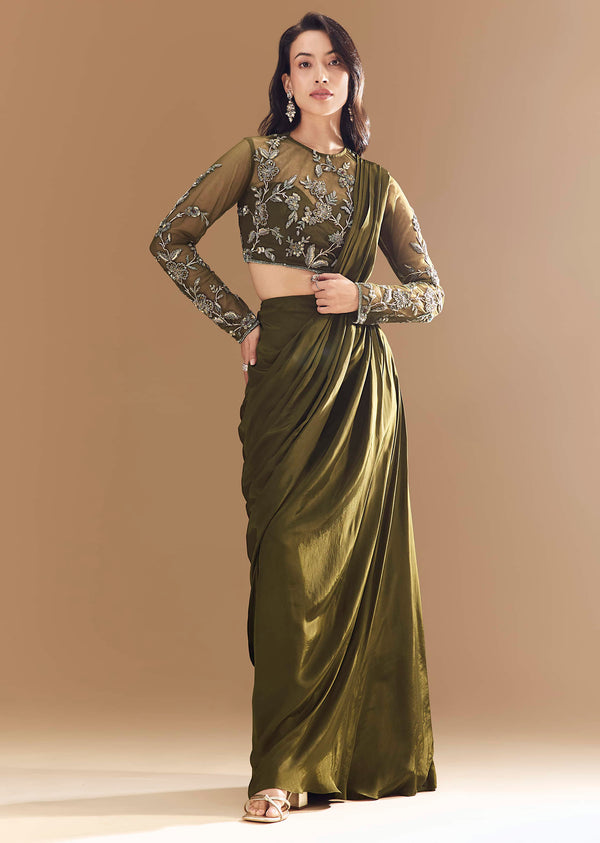 Green Ready Pleated Saree with Cutdana Blouse