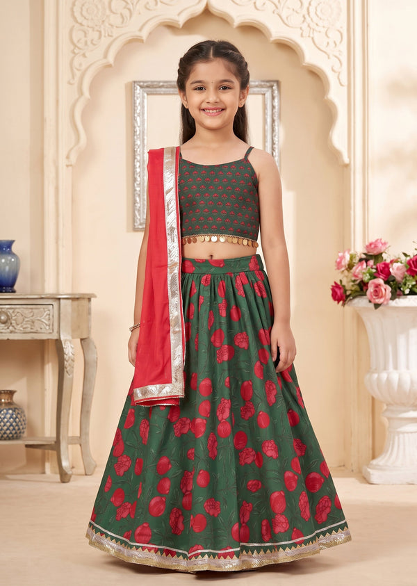 Green Red Printed Lehenga Set