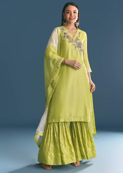 Green Russian Silk Kurta Sharara Suit With Gotta Work