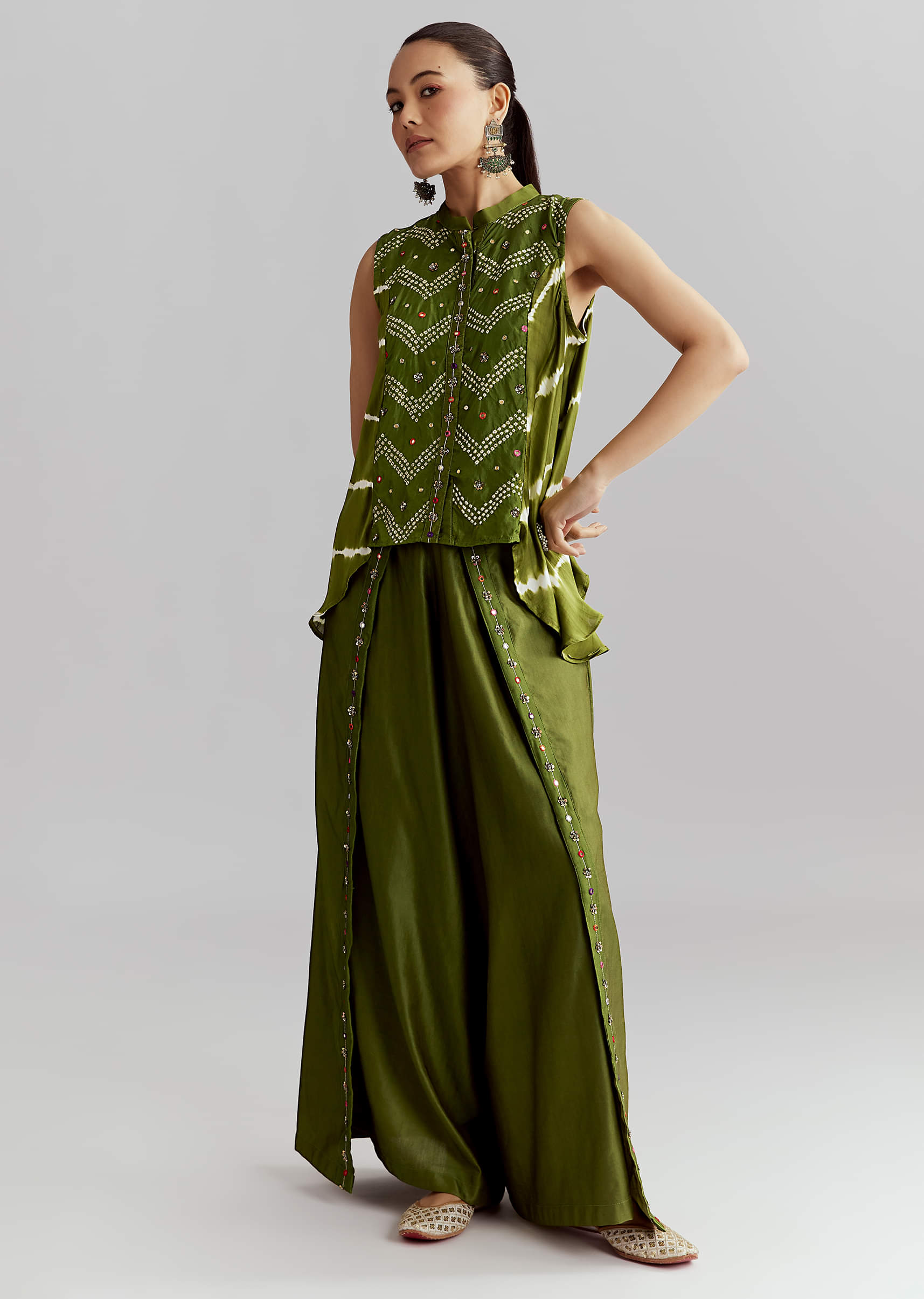 Green Satin Indo Western Set With Bandhani And Leheriya Print