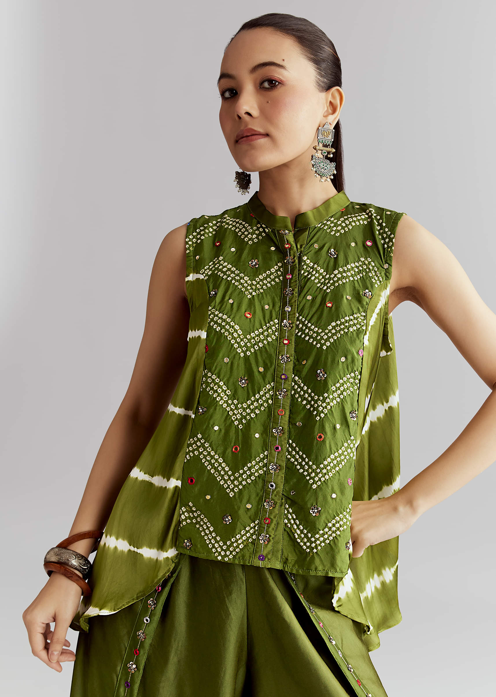 Green Satin Indo Western Set With Bandhani And Leheriya Print