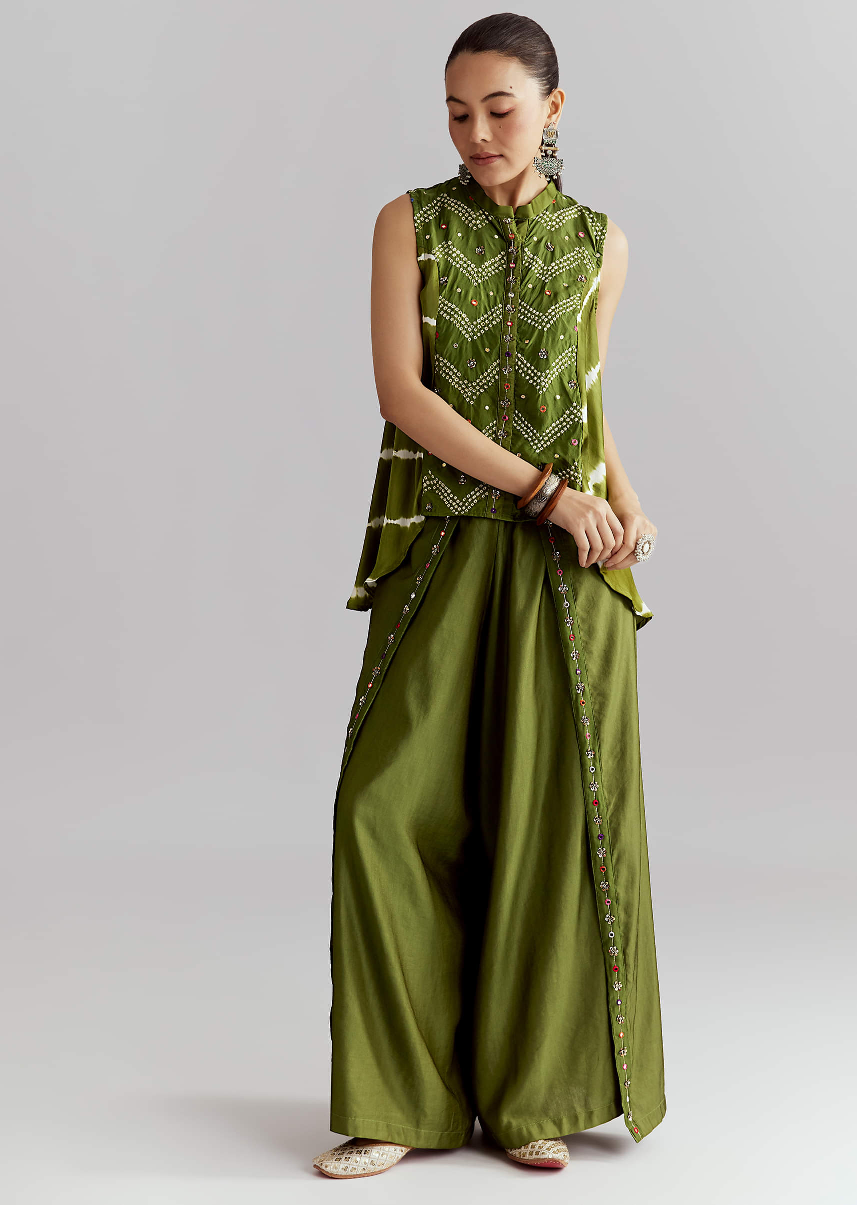 Green Satin Indo Western Set With Bandhani And Leheriya Print