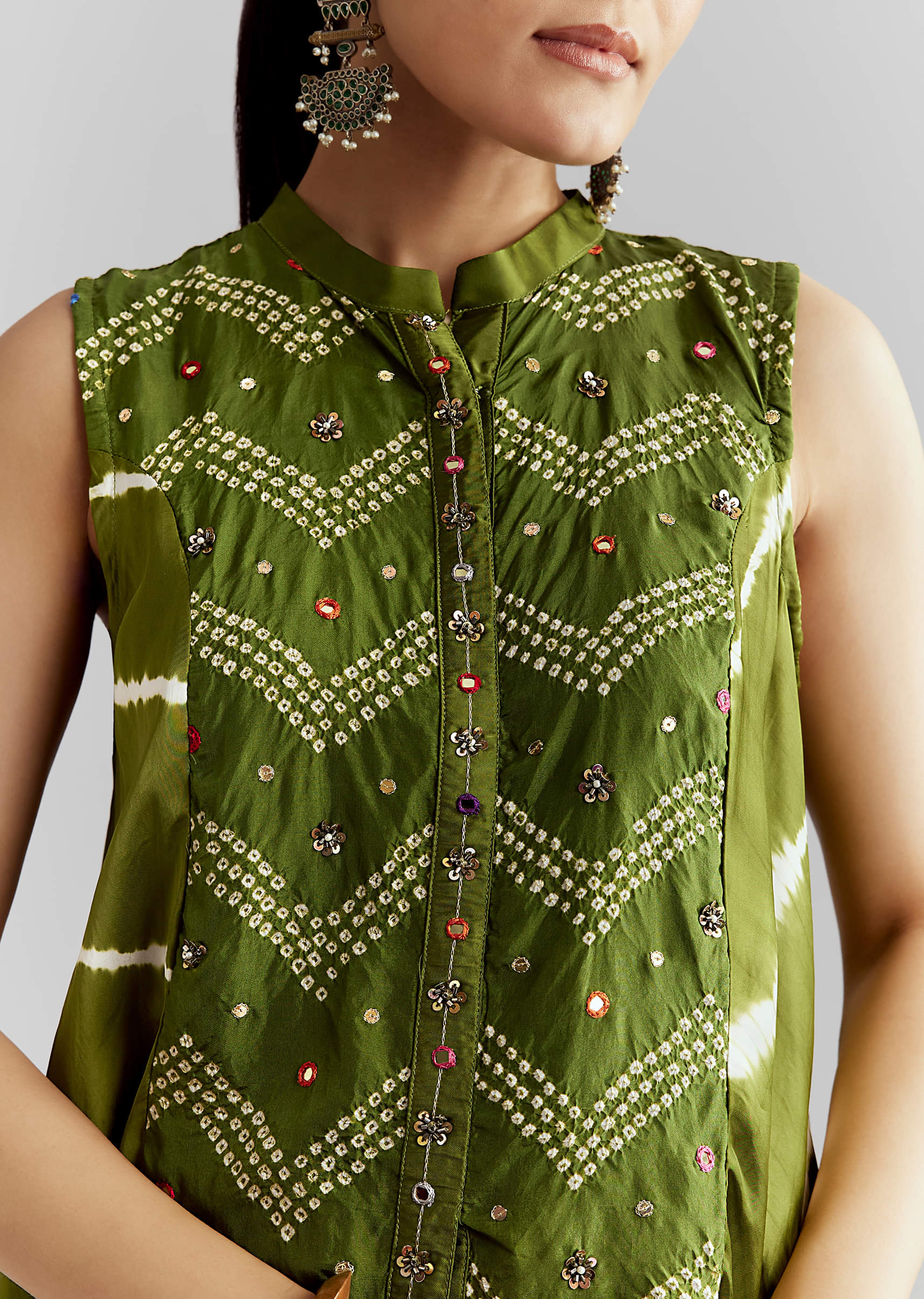 Green Satin Indo Western Set With Bandhani And Leheriya Print