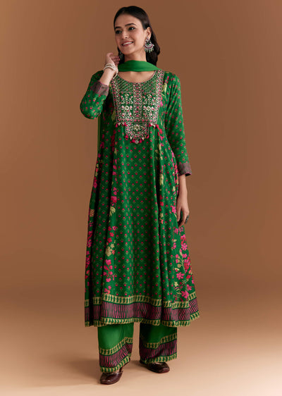 Green Silk Anarkali Suit With Floral Print And Hand Embroidery