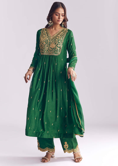 Green Silk Anarkali Suit With Zari Thread Work