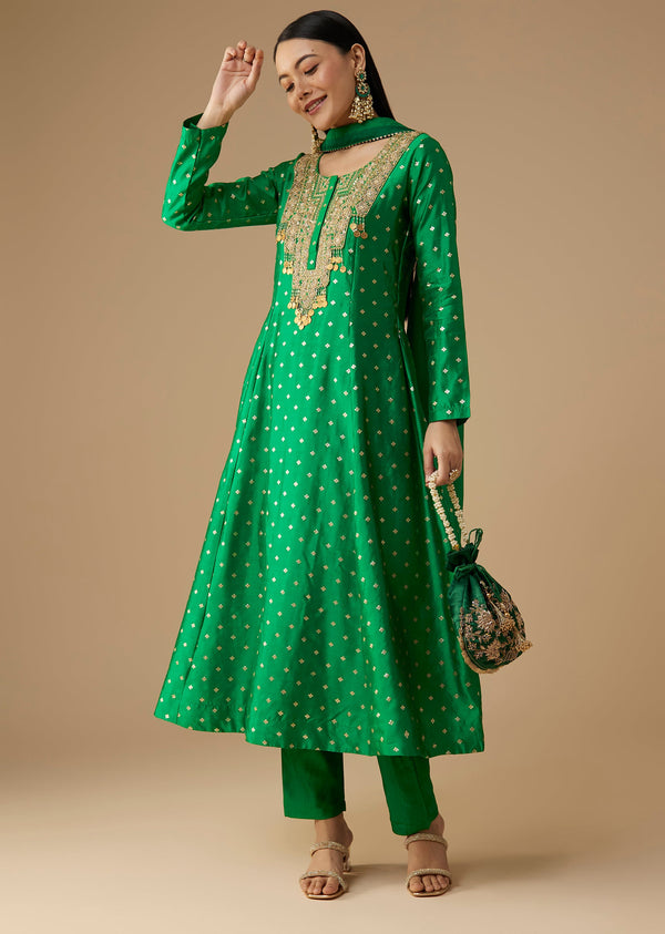 Green Butti Silk Anarkali Set With Embellished Yoke