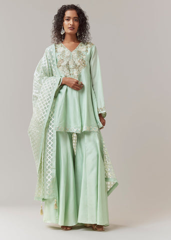 light green sharara dress Elegant Green Embroidered Sharara Style Suit Green / Zari / Georgette