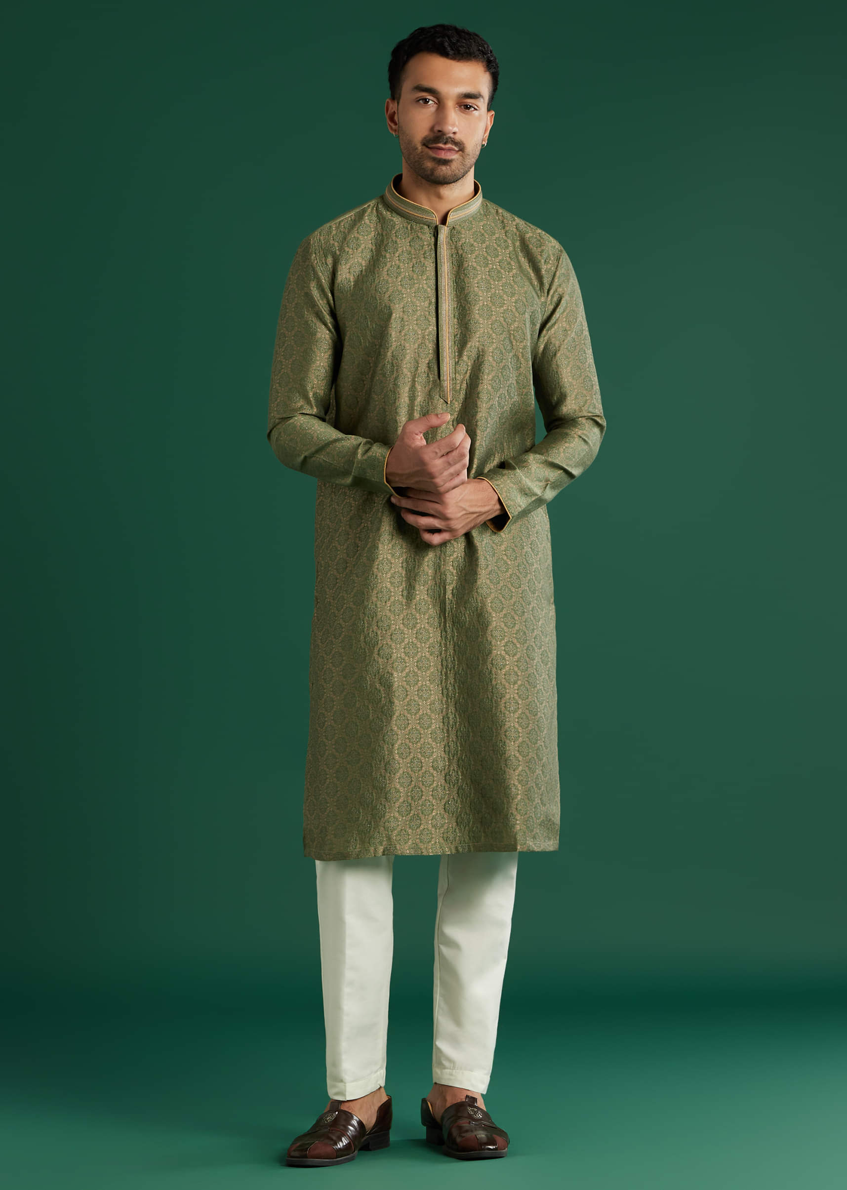 Green Silk Kurta Set For Men With Brocade Work