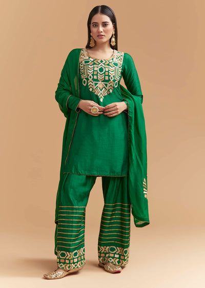 Green Silk Kurta Set With Gota Work