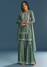 Green Silk Kurta Set With Moti And Cutdana Sharara