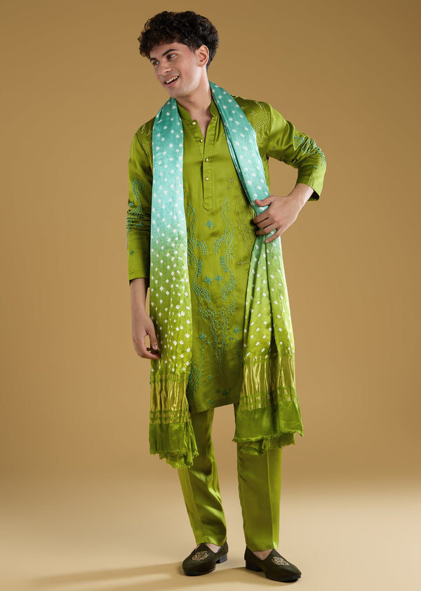 Green Hand Embroidered Silk Kurta Pant Set