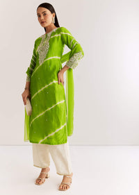 Green Silk Leheriya Kurta Set With Moti Work
