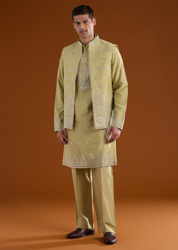 Green Silk Mens Kurta Jacket Set With Zari And Sequins Work