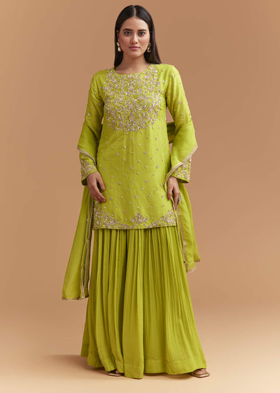 Green Silk Palazzo Suit With Sequins And Cutdana Work