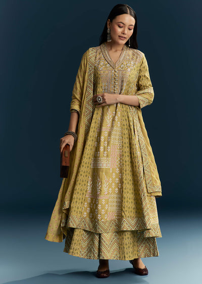 Green Silk Printed Anarkali Suit With Resham Work