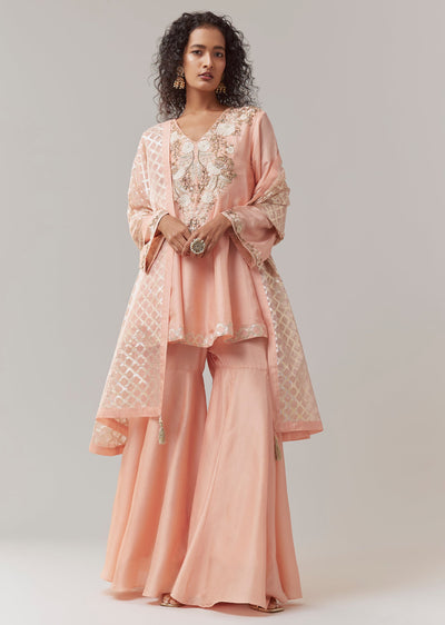 Pink Silk Sequin Work Kurta Sharara Set