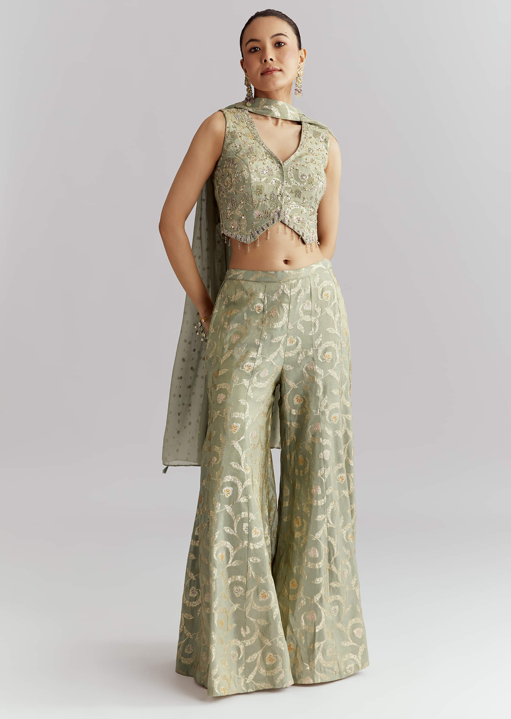 Green Tissue Crop Top And Palazzo Pant Set With Embroidery