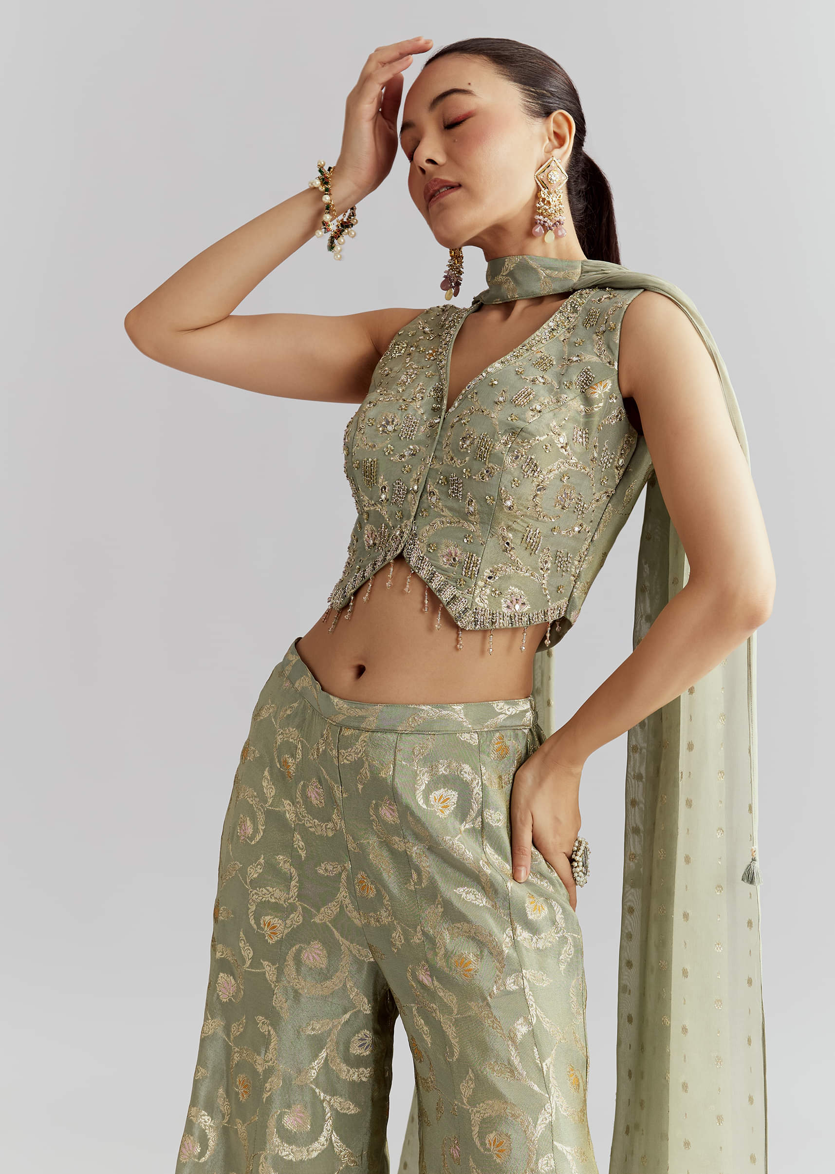 Green Tissue Crop Top And Palazzo Pant Set With Embroidery