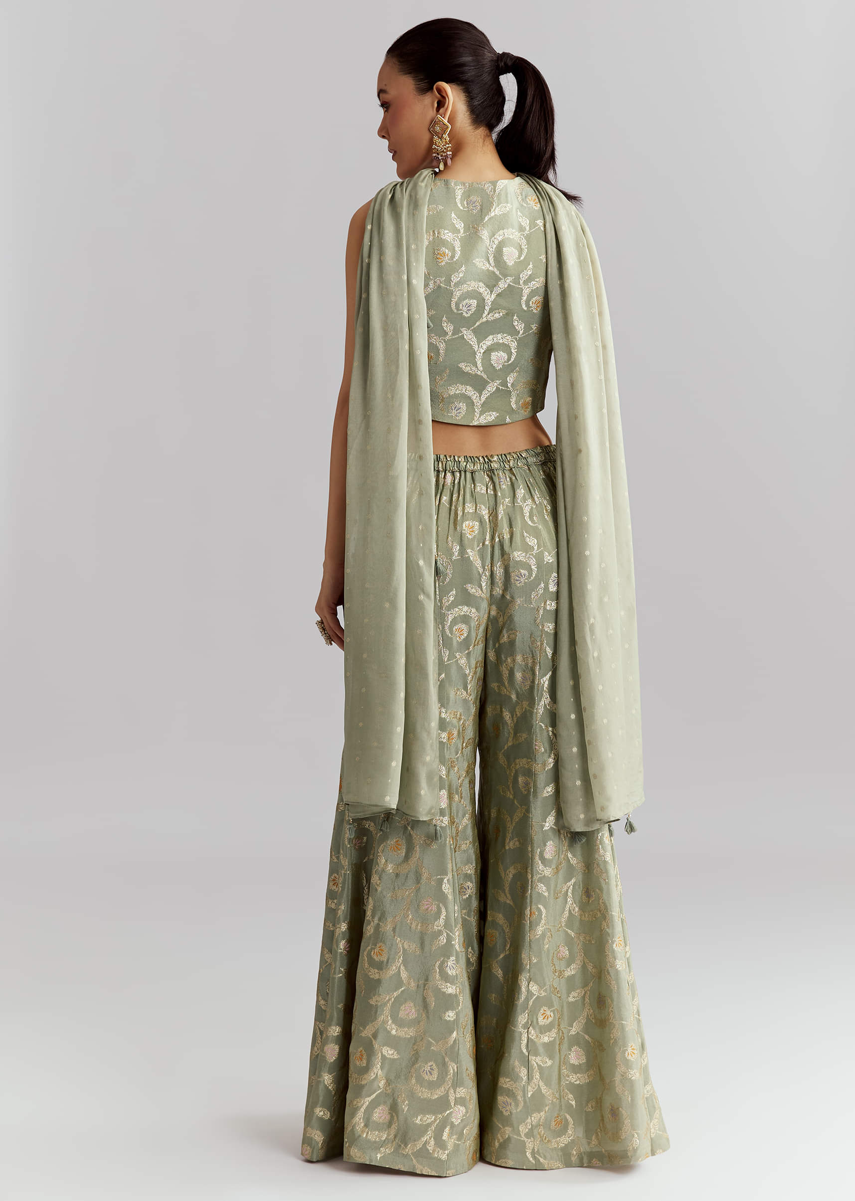 Green Tissue Crop Top And Palazzo Pant Set With Embroidery