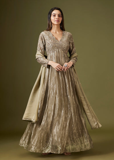 Green Tissue Embellished Anarkali Set With Dupatta