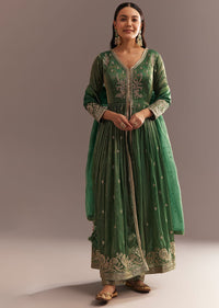 Green Tissue Embroidered Anarkali Pant With Organza Dupatta