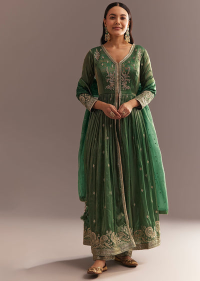 Green Tissue Embroidered Anarkali Pant With Organza Dupatta