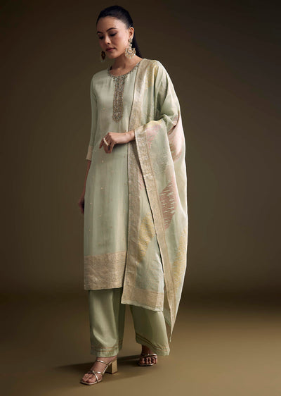 Green Tissue Kurta Set With Cutdana And Sequins Embroidery