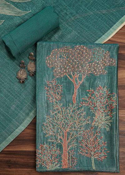 Green Tussar Unstitched Suit Set With Kantha Work And Sequins