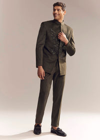 Green Velvet Jodhpuri Suit For Men With Cutdana And Moti Embroidery