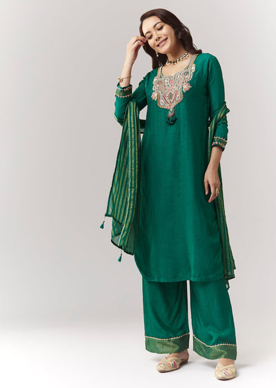 Green Zardosi Threadwork Kurta Palazzo Set With Dupatta